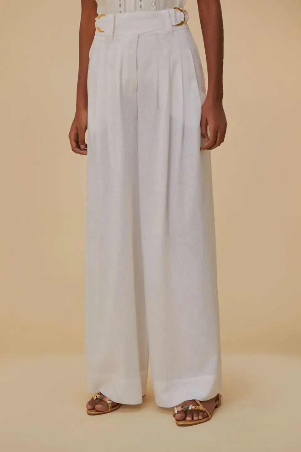 FARM Rio Pantalon<Pantalon taille basse en lin blanc cassé