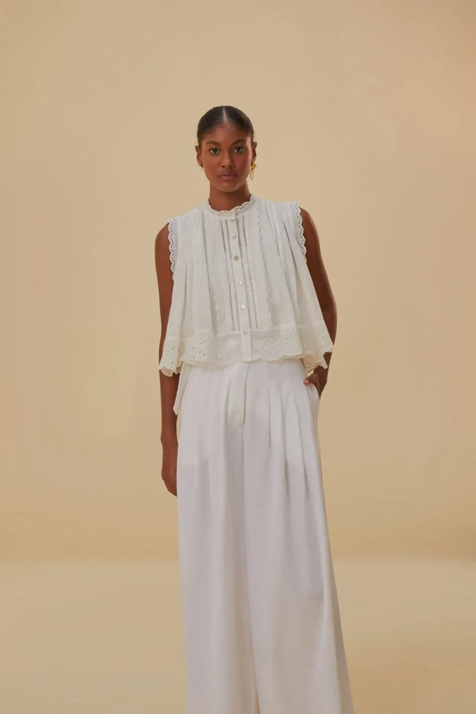FARM Rio Pantalon<Pantalon taille basse en lin blanc cassé
