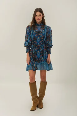FARM Rio Robes Courtes<Robe courte à col montant et motif floral arabesque bleu
