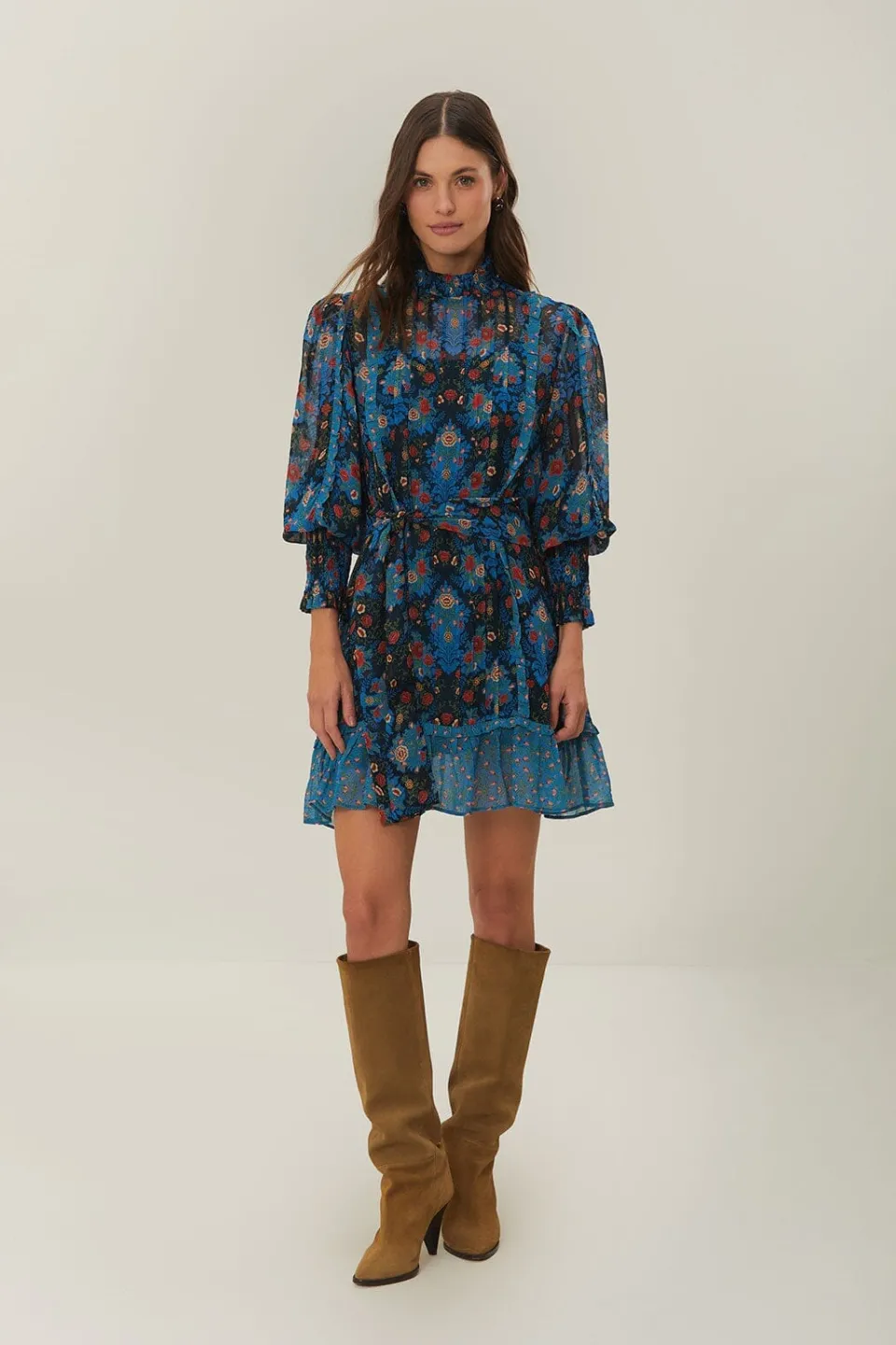 FARM Rio Robes Courtes<Robe courte à col montant et motif floral arabesque bleu