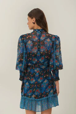 FARM Rio Robes Courtes<Robe courte à col montant et motif floral arabesque bleu