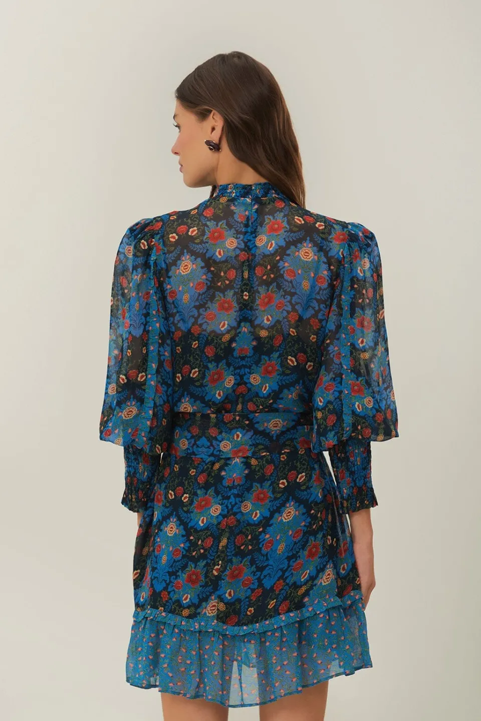 FARM Rio Robes Courtes<Robe courte à col montant et motif floral arabesque bleu