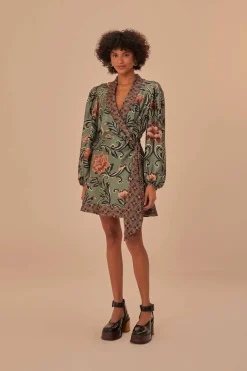 FARM Rio Robes Courtes<Robe courte à manches longues à imprimé floral arabesque vert