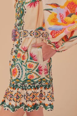 FARM Rio Robes Courtes<Robe courte à manches longues en tapisserie florale crème Lucy