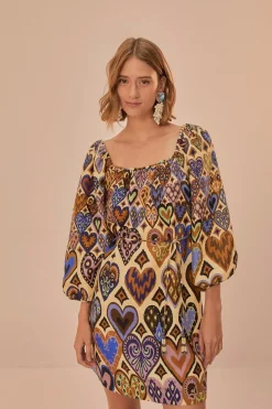 FARM Rio Robes Courtes<Robe courte à manches longues en ikat avec coeurs crème