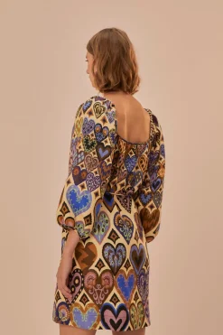 FARM Rio  Robes Courtes<Robe courte à manches longues en ikat avec coeurs crème
