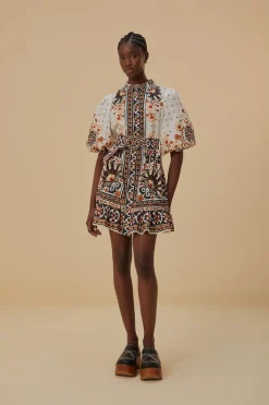 FARM Rio Robes Courtes<Robe courte blanc cassé à tapisserie éventail de fleurs