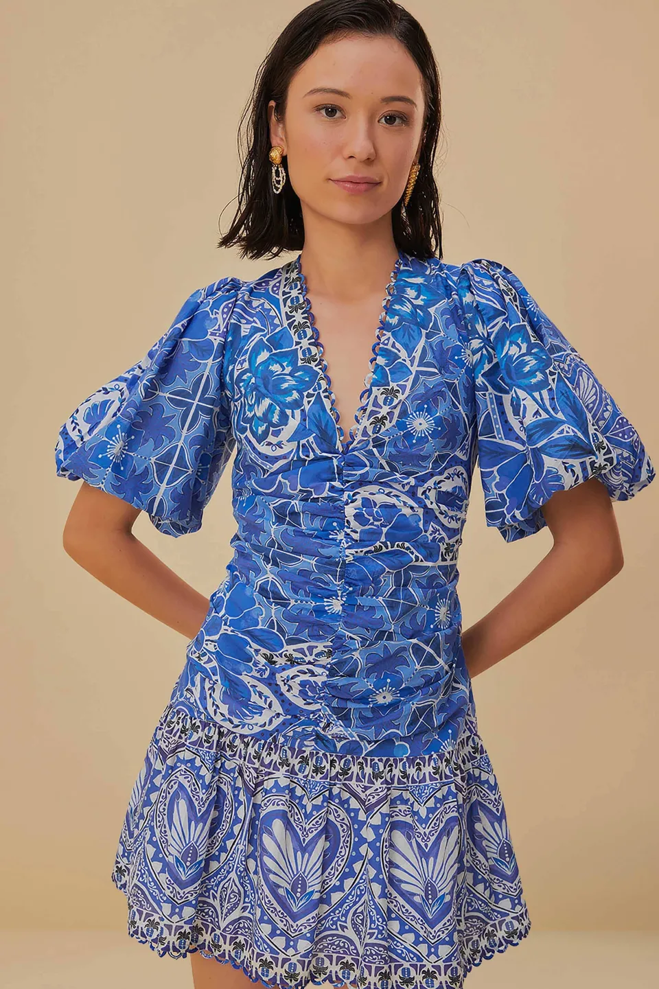 FARM Rio Robes Courtes<Robe courte bleue à manches courtes Tile Dream