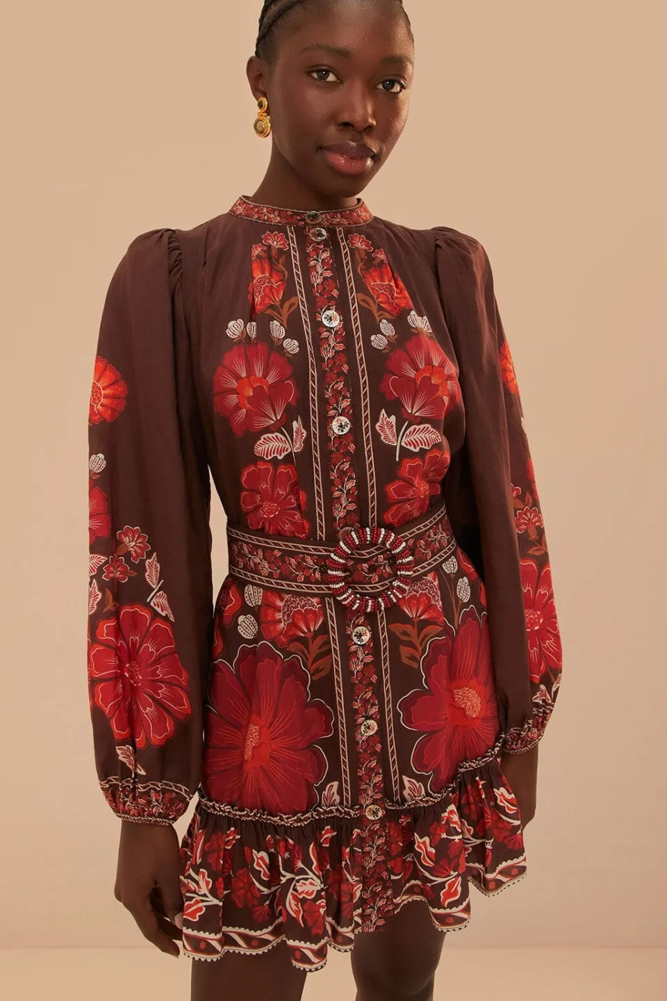 FARM Rio Robes Courtes<Robe courte en tapisserie Gigi marron