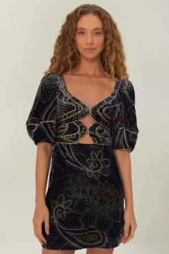 FARM Rio Robes Courtes<Robe courte en velours bleu à imprimé floral et écharpe glamour
