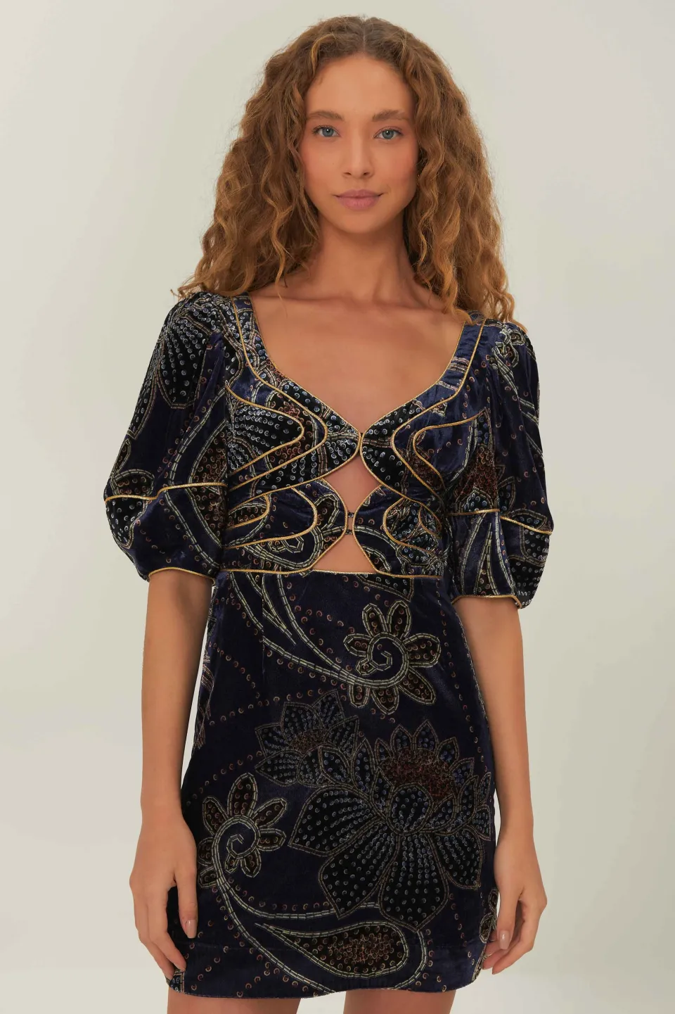 FARM Rio Robes Courtes<Robe courte en velours bleu à imprimé floral et écharpe glamour