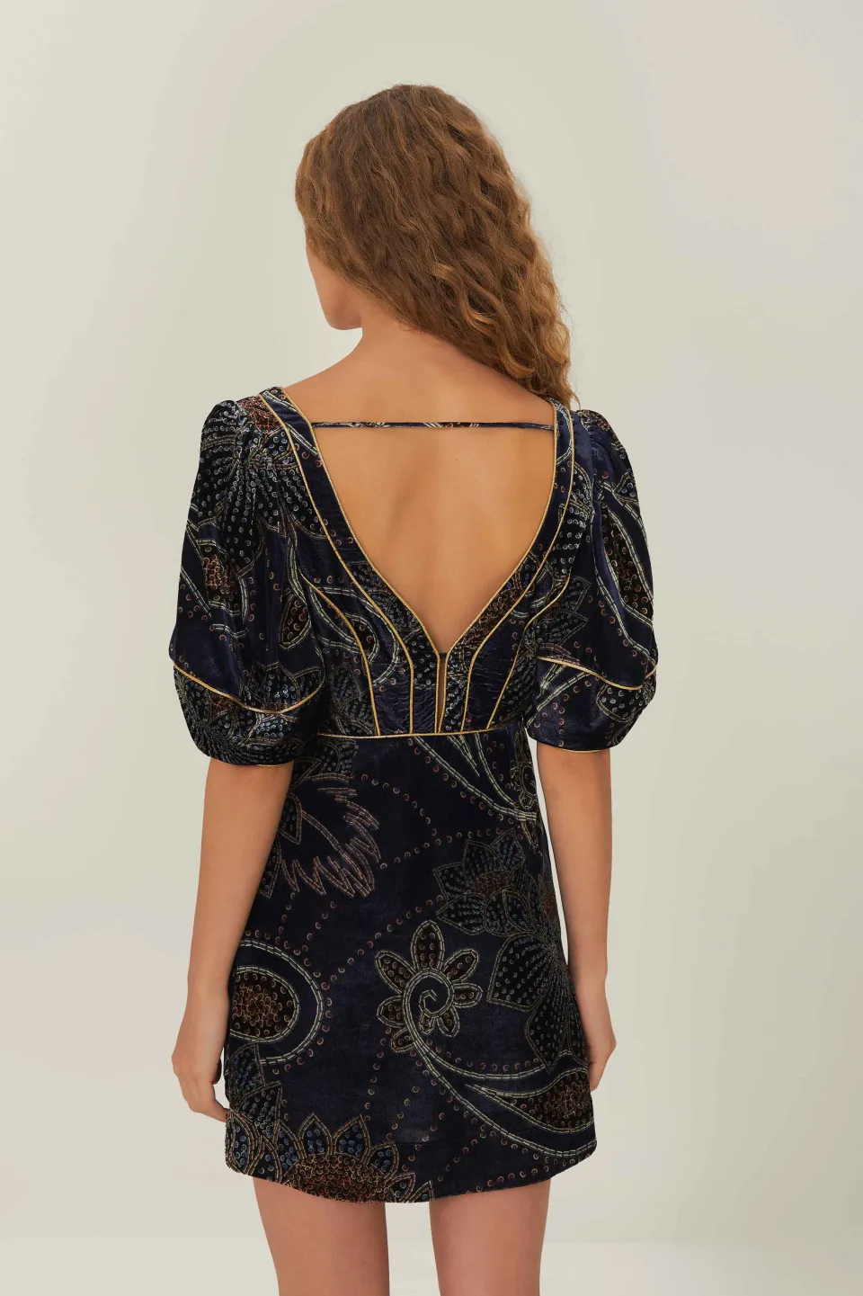 FARM Rio Robes Courtes<Robe courte en velours bleu à imprimé floral et écharpe glamour