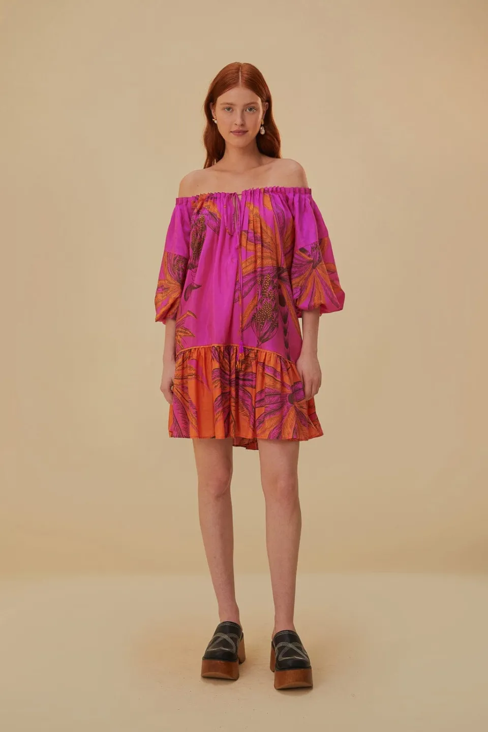 FARM Rio Robes Courtes<Robe courte rose à épaules dénudées Beach Forest