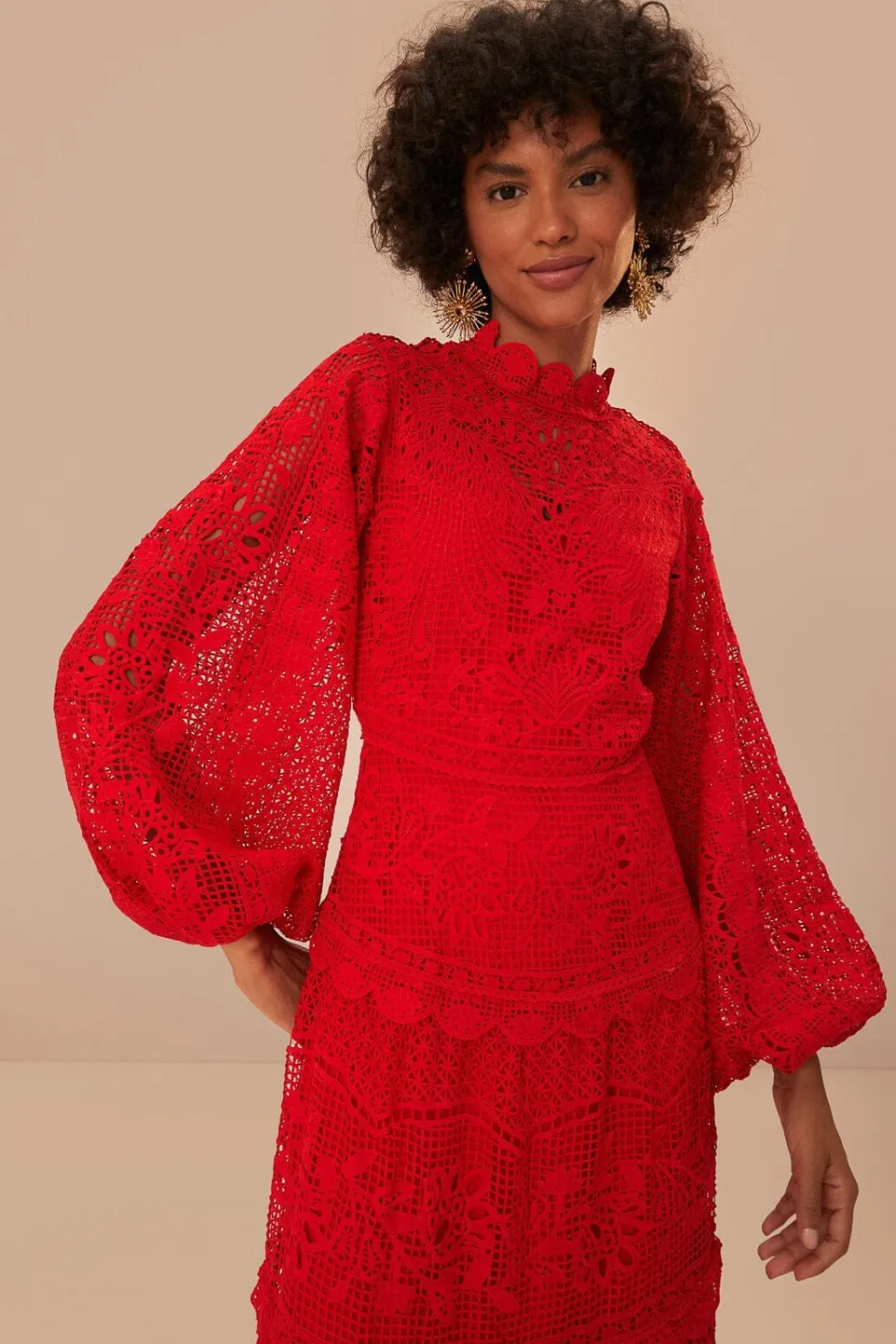 FARM Rio Robes Longues<Robe longue à manches longues en guipure rouge