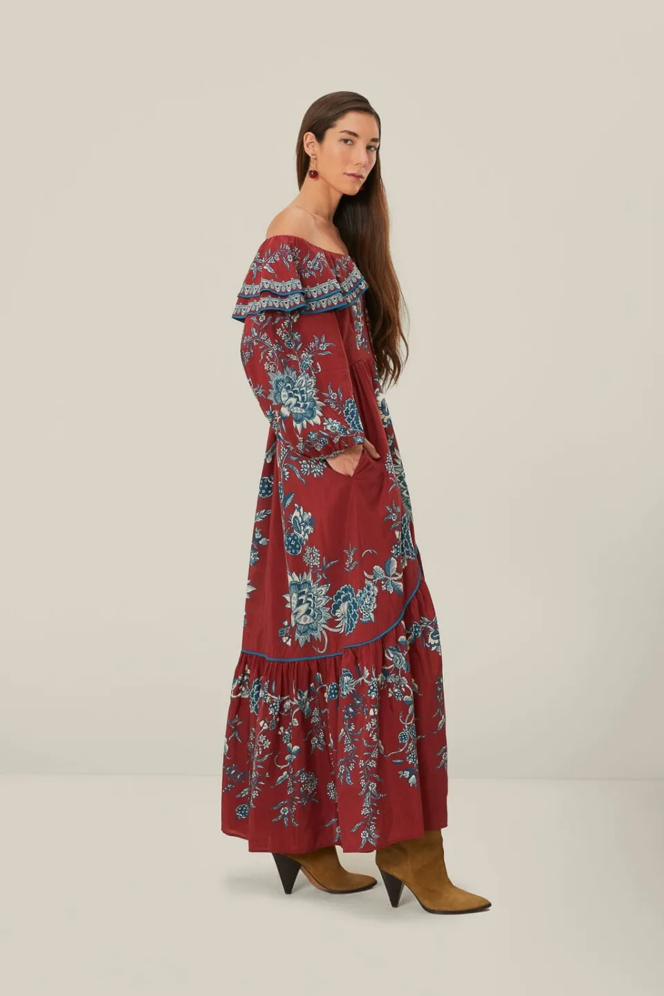 FARM Rio Robes Longues<Robe longue à épaules dénudées Red Tropical Landing