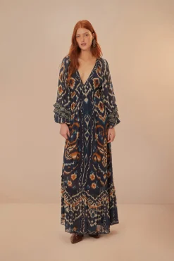 FARM Rio Robes Longues<Robe longue bleue à imprimé ikat et ananas