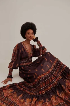 FARM Rio Robes Longues<Robe longue marron à manches longues Paisley Bloom