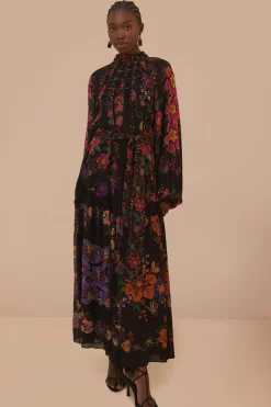 FARM Rio Robes Longues<Robe longue noire à col montant et foulards fleuris