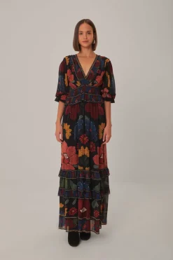 FARM Rio Robes Longues<Robe longue noire à manches courtes et à coutures de jardin