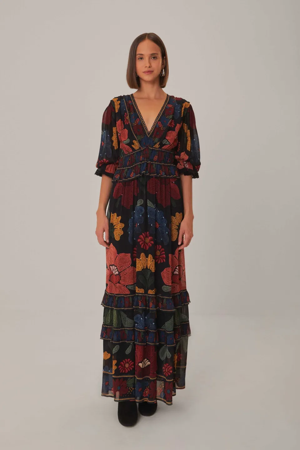 FARM Rio Robes Longues<Robe longue noire à manches courtes et à coutures de jardin