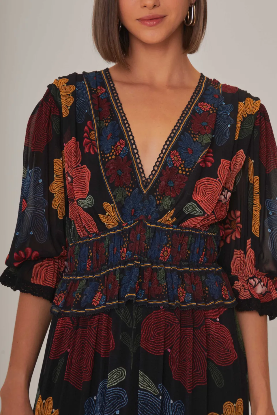 FARM Rio Robes Longues<Robe longue noire à manches courtes et à coutures de jardin