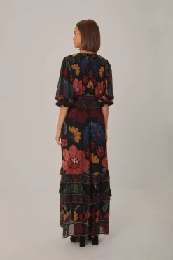 FARM Rio Robes Longues<Robe longue noire à manches courtes et à coutures de jardin