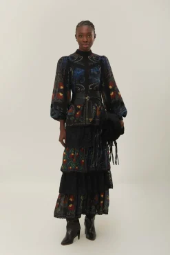 FARM Rio Robes Longues<Robe longue noire à manches longues avec foulards arabesques mélangés