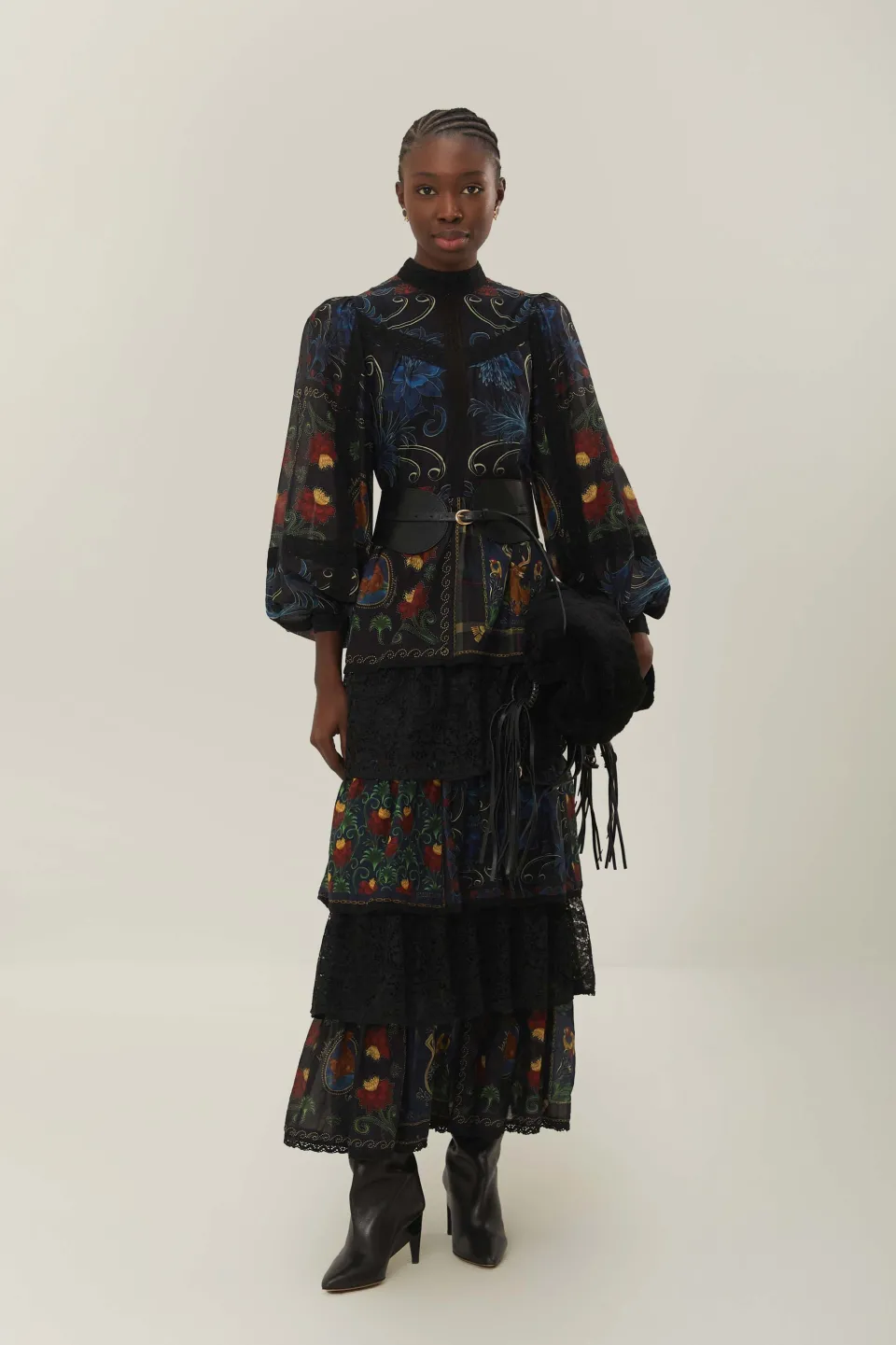 FARM Rio Robes Longues<Robe longue noire à manches longues avec foulards arabesques mélangés