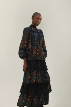 FARM Rio Robes Longues<Robe longue noire à manches longues avec foulards arabesques mélangés