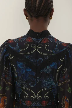 FARM Rio Robes Longues<Robe longue noire à manches longues avec foulards arabesques mélangés