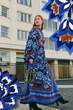 FARM Rio Robes Longues<Robe longue noire à manches longues et écharpe Toucans