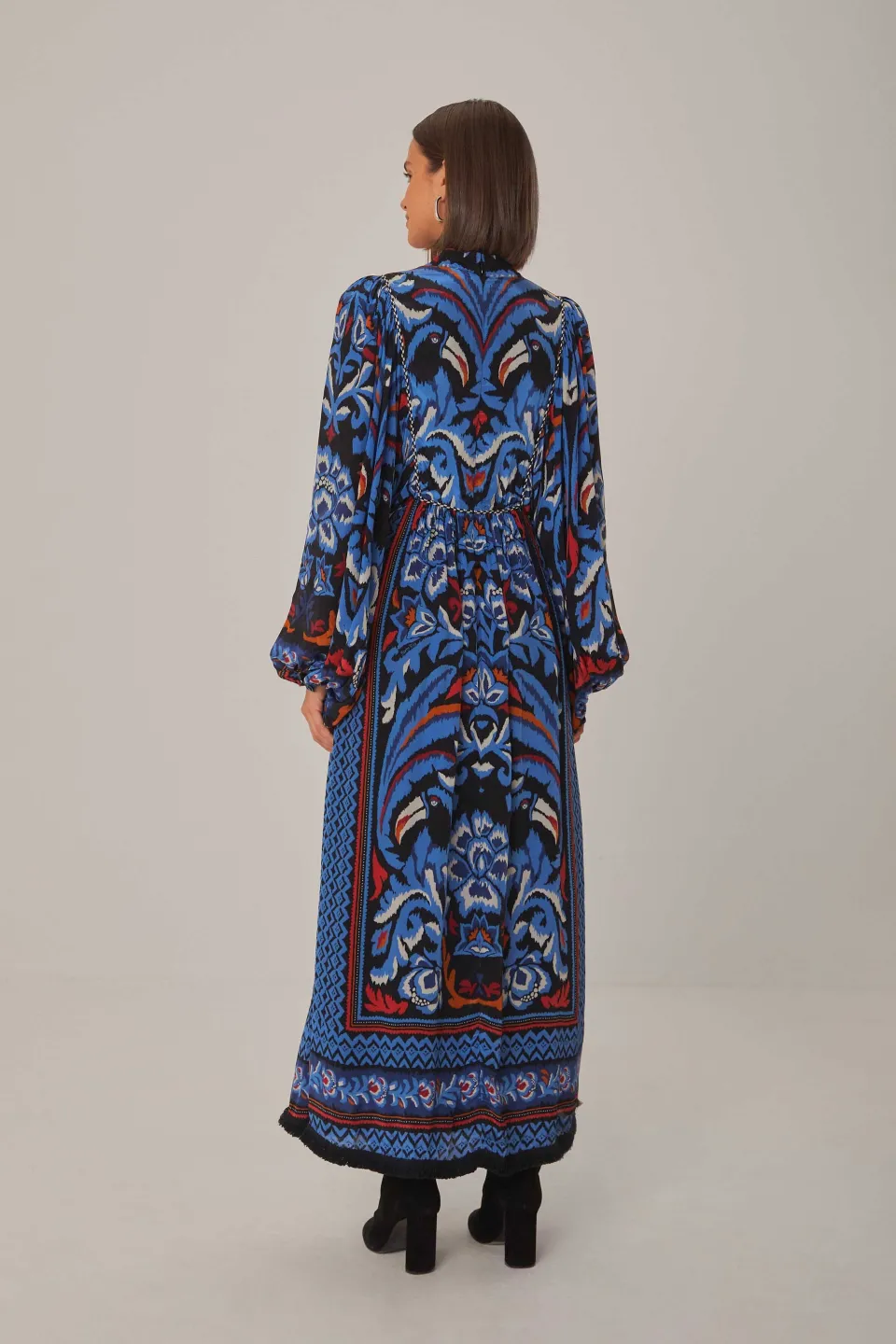 FARM Rio Robes Longues<Robe longue noire à manches longues et écharpe Toucans