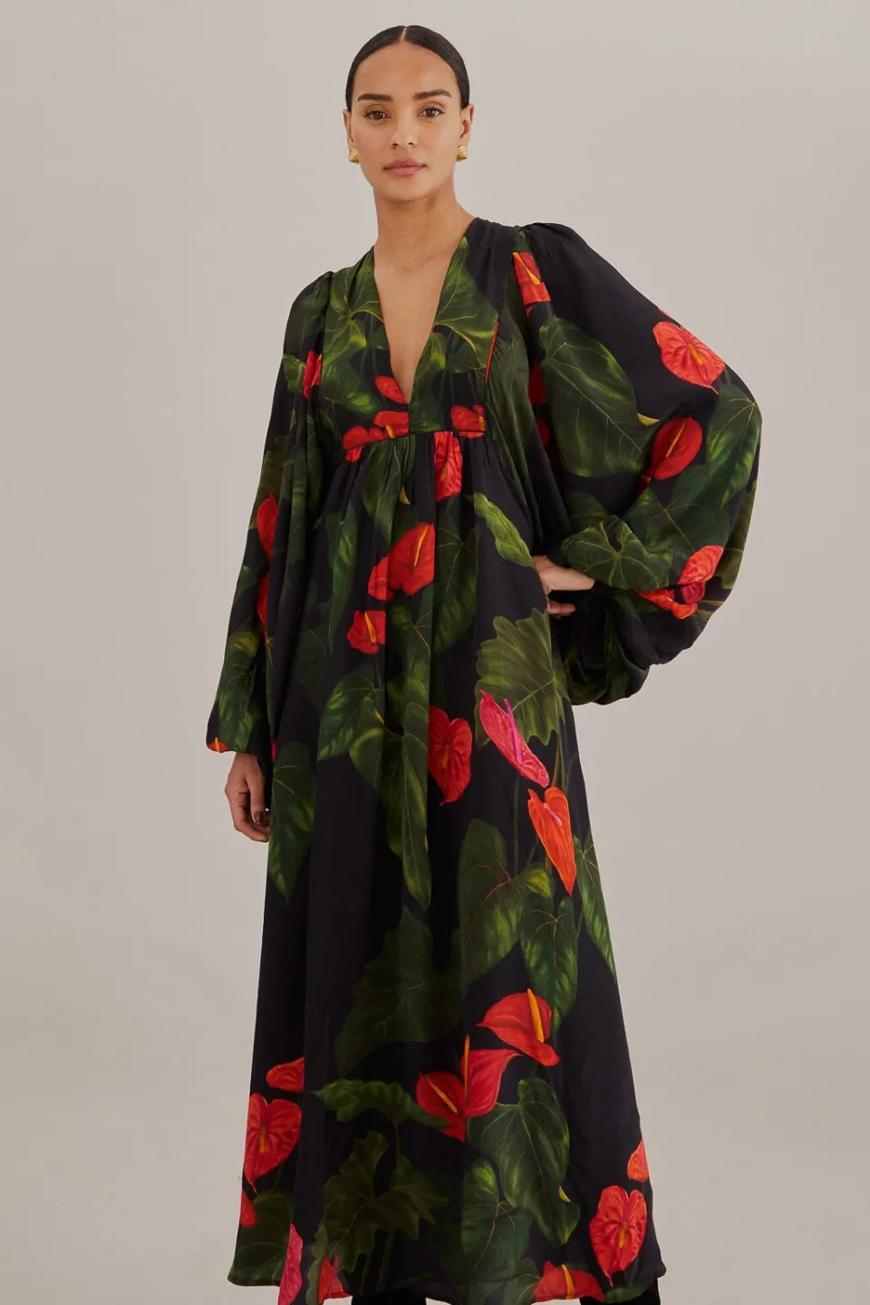 FARM Rio Robes Longues<Robe longue noire Anthurium à col en V