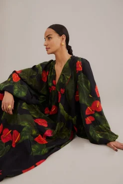 FARM Rio Robes Longues<Robe longue noire Anthurium à col en V