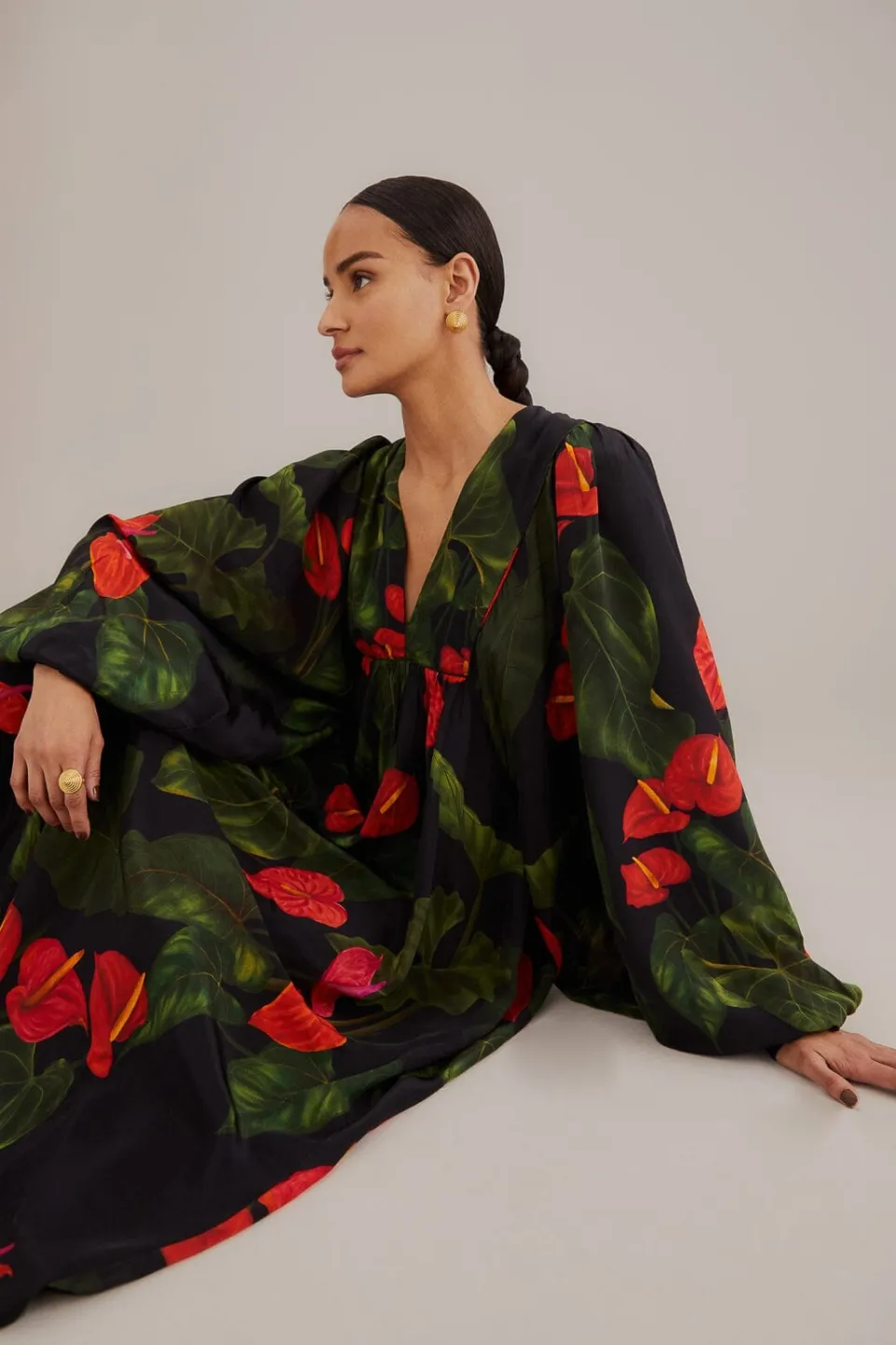 FARM Rio Robes Longues<Robe longue noire Anthurium à col en V