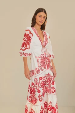 FARM Rio Robes Longues<Robe longue Richelieu blanche à col en V