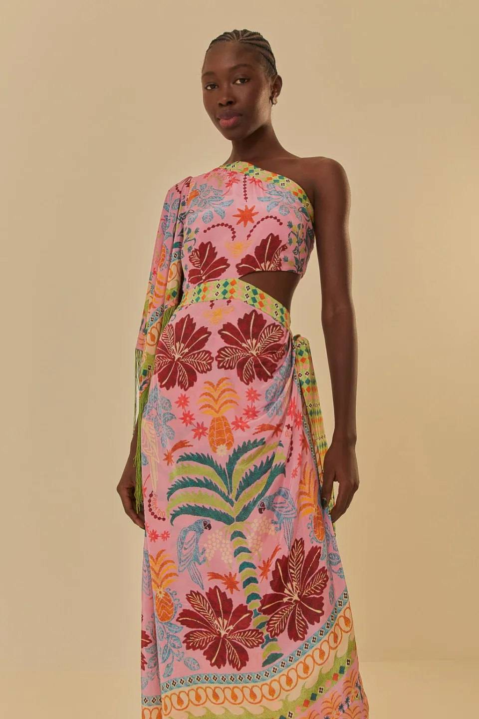 FARM Rio Robes Longues<Robe longue rose à une épaule avec foulard Queen Fruits