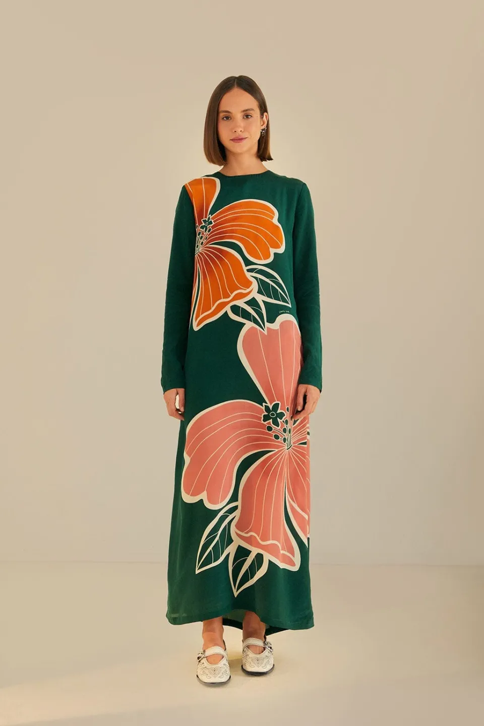 FARM Rio Robes Longues<Robe longue verte à manches longues et fleurs d'Honolulu