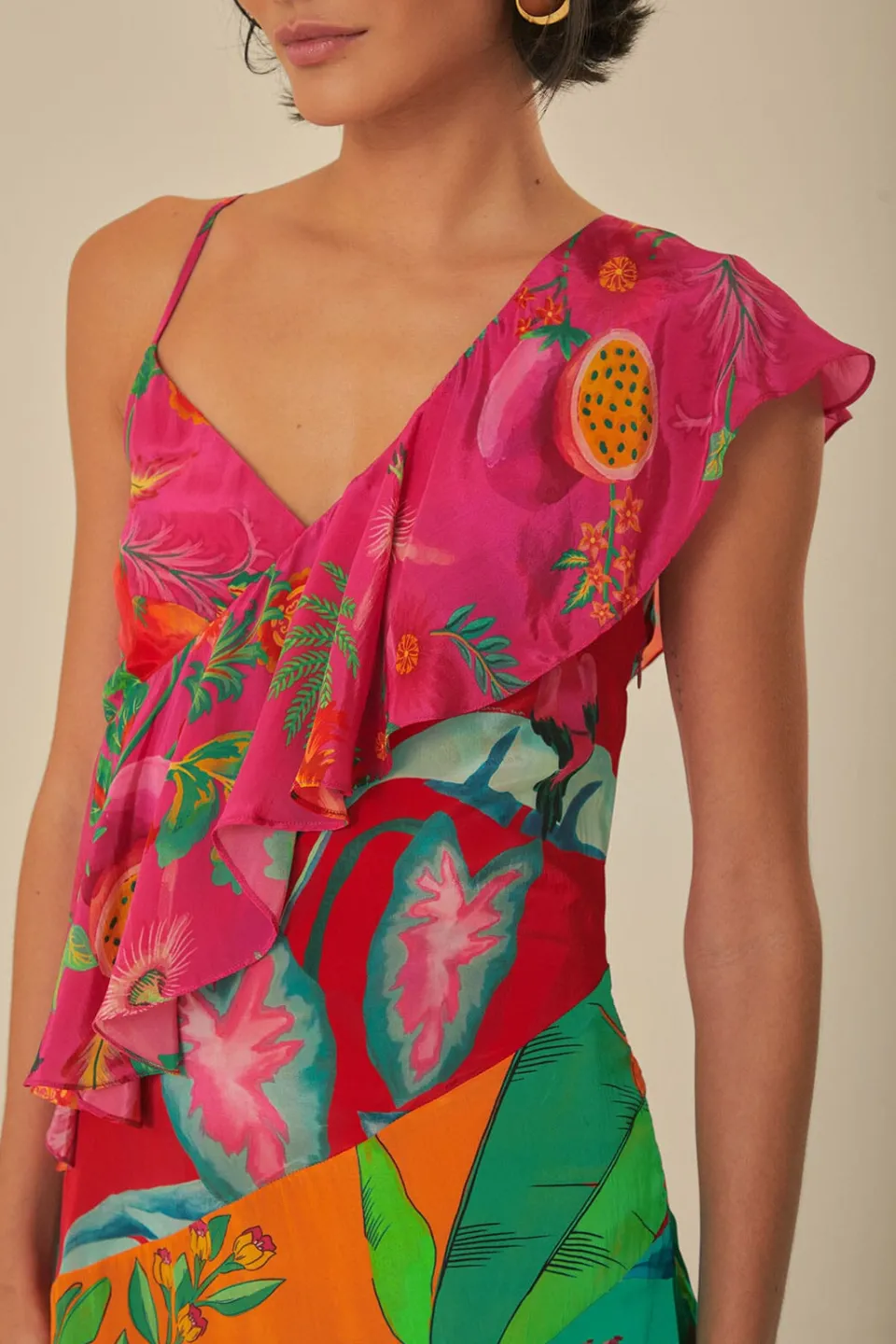 FARM Rio Robes Midi<Robe midi à une bretelle et volants fleuris mélangés