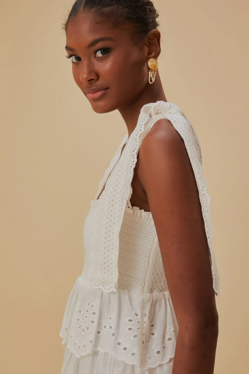 FARM Rio Robes Midi<Robe midi à volants brodés blanc cassé