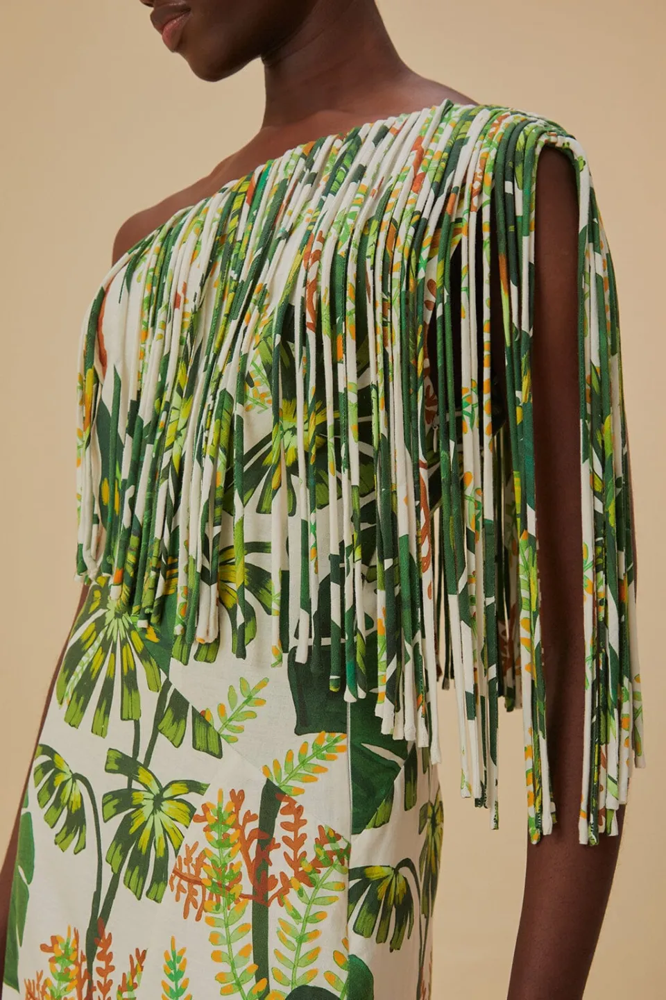 FARM Rio Robes Midi<Robe midi blanc cassé à franges Tropical Forest