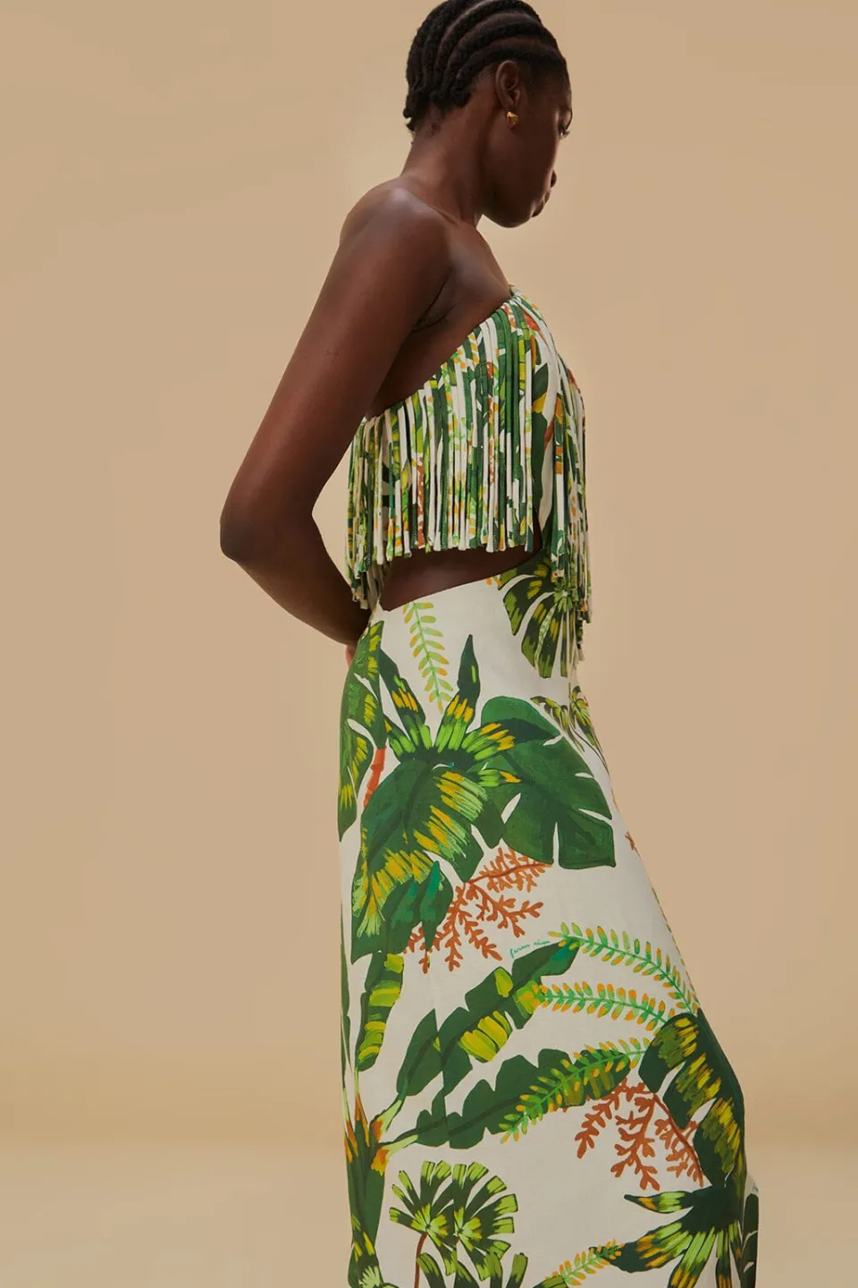 FARM Rio Robes Midi<Robe midi blanc cassé à franges Tropical Forest