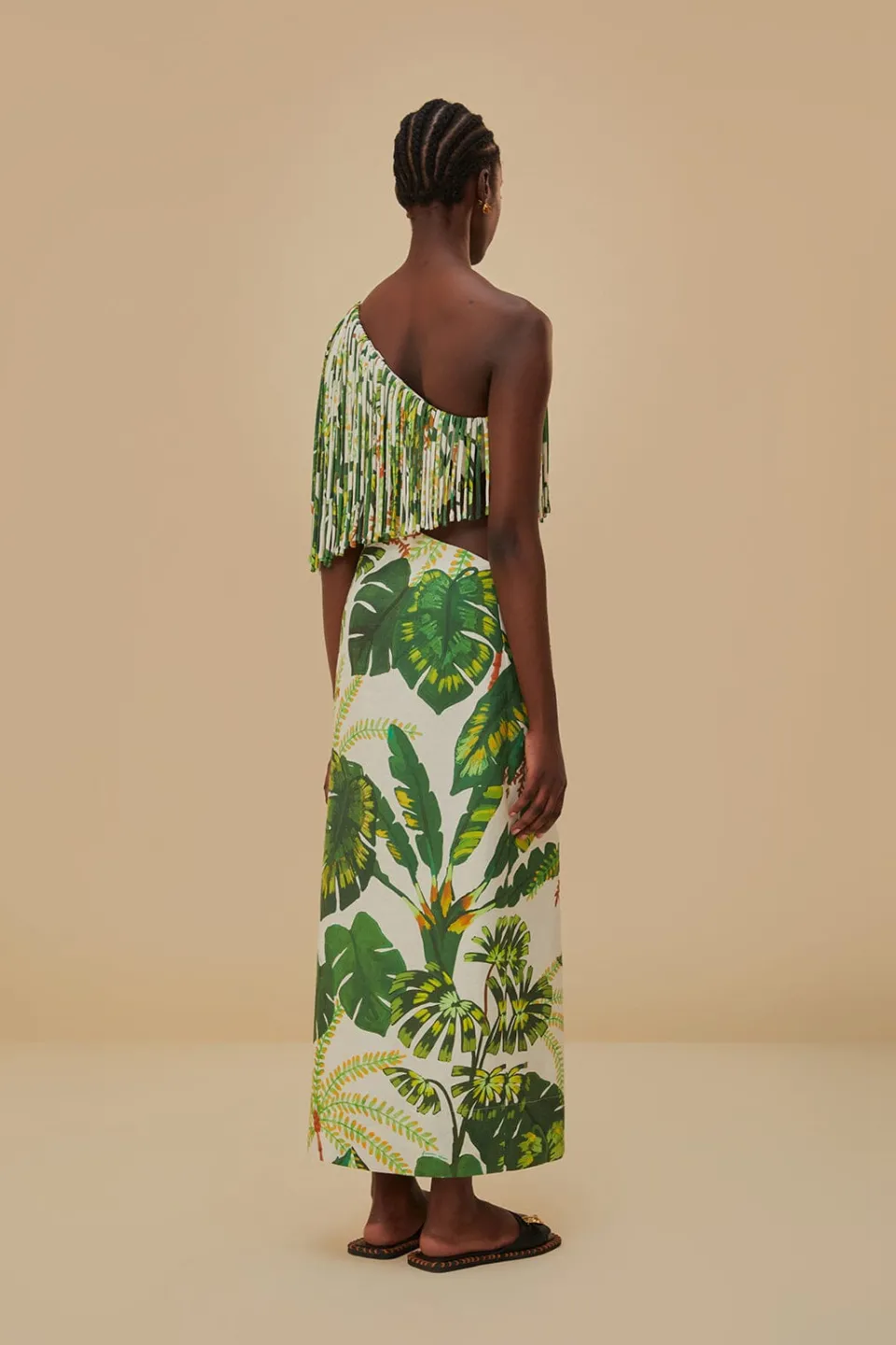 FARM Rio Robes Midi<Robe midi blanc cassé à franges Tropical Forest