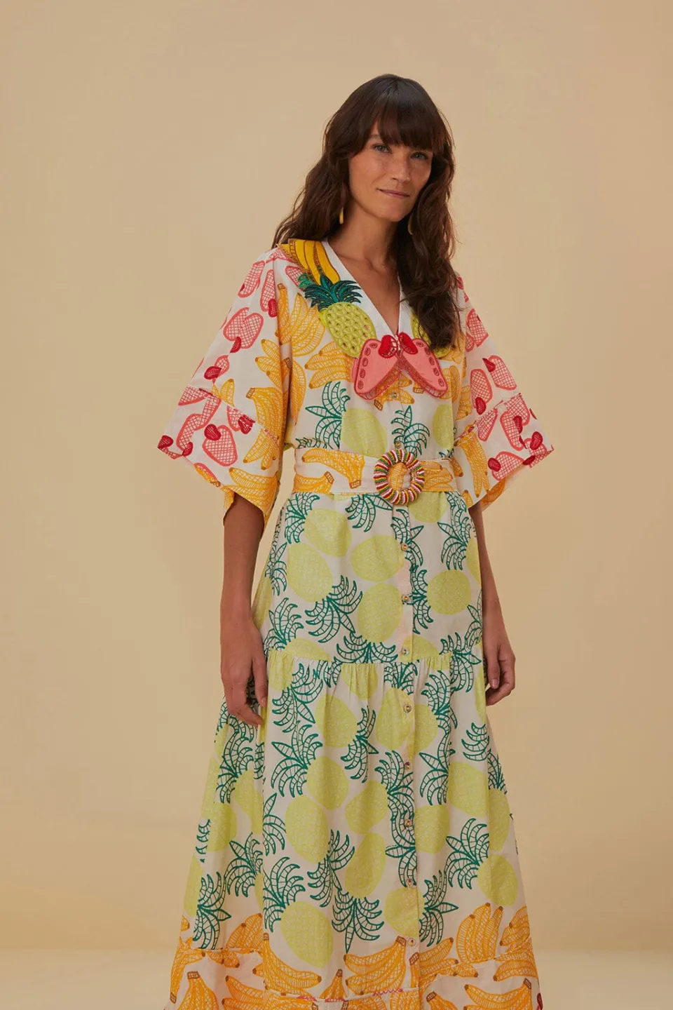 FARM Rio Robes Midi<Robe midi blanc cassé à fruits tropicaux
