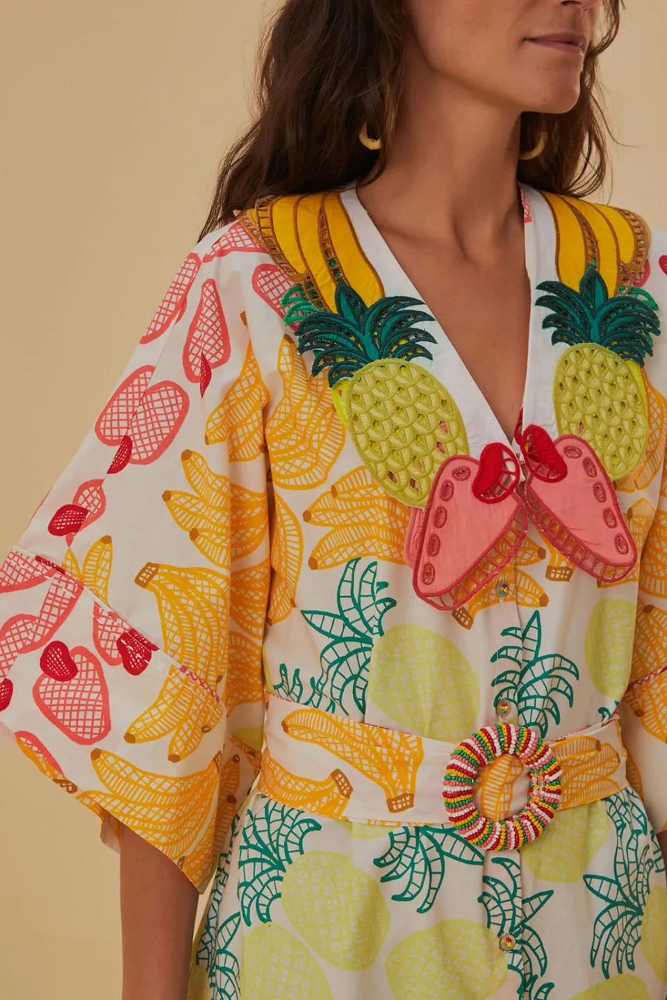 FARM Rio Robes Midi<Robe midi blanc cassé à fruits tropicaux