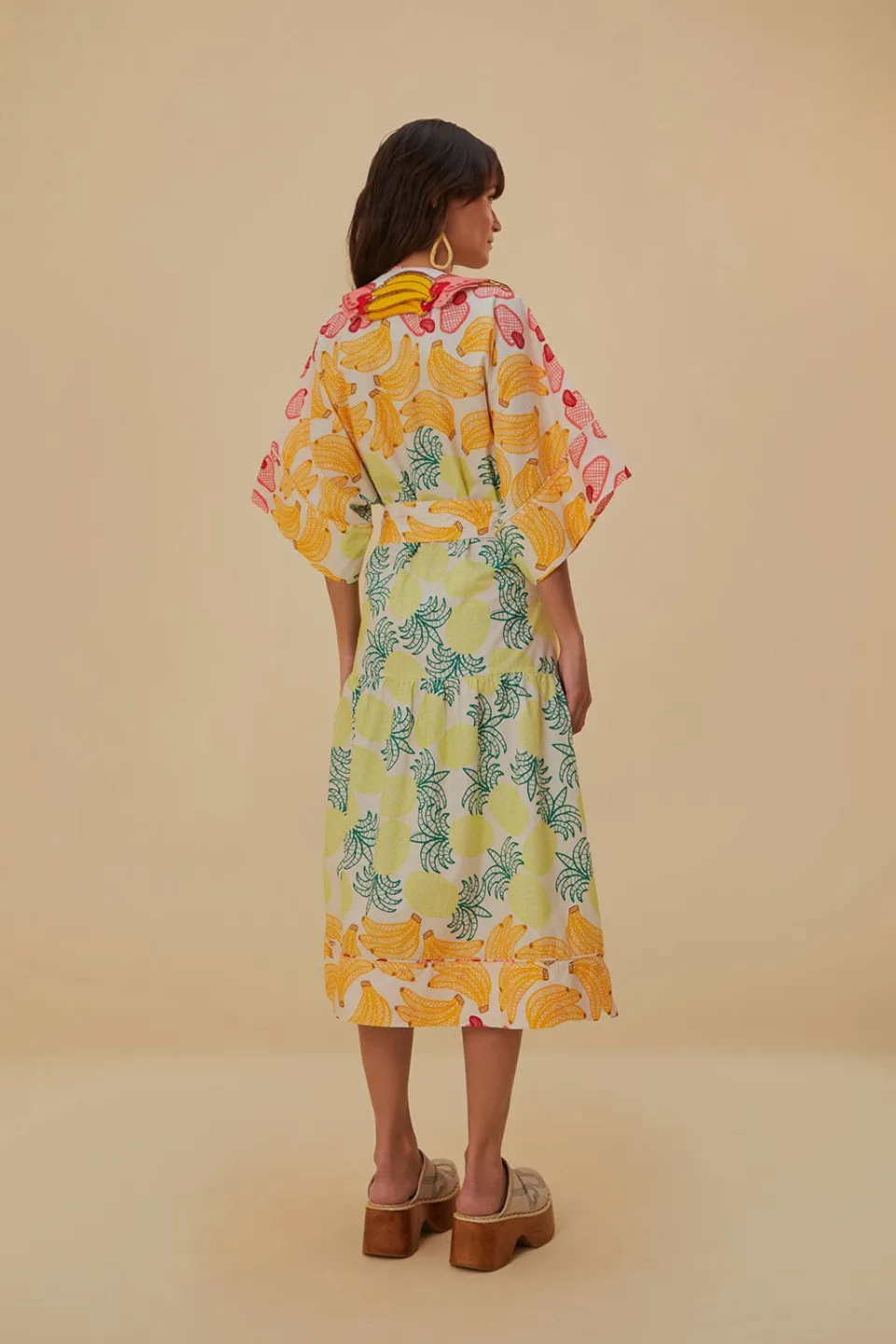 FARM Rio Robes Midi<Robe midi blanc cassé à fruits tropicaux