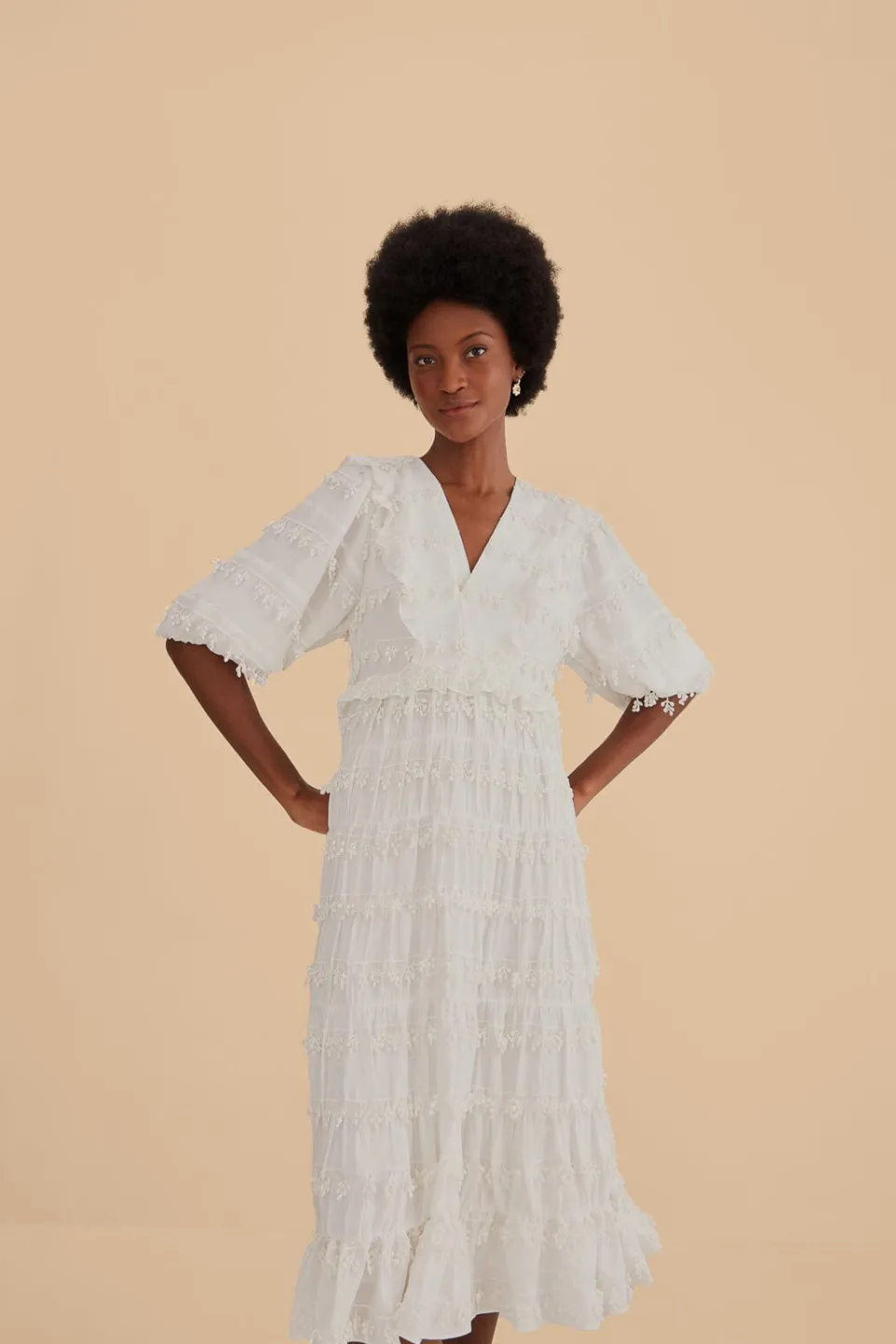 FARM Rio Robes Midi<Robe midi blanc cassé à pompons et volants