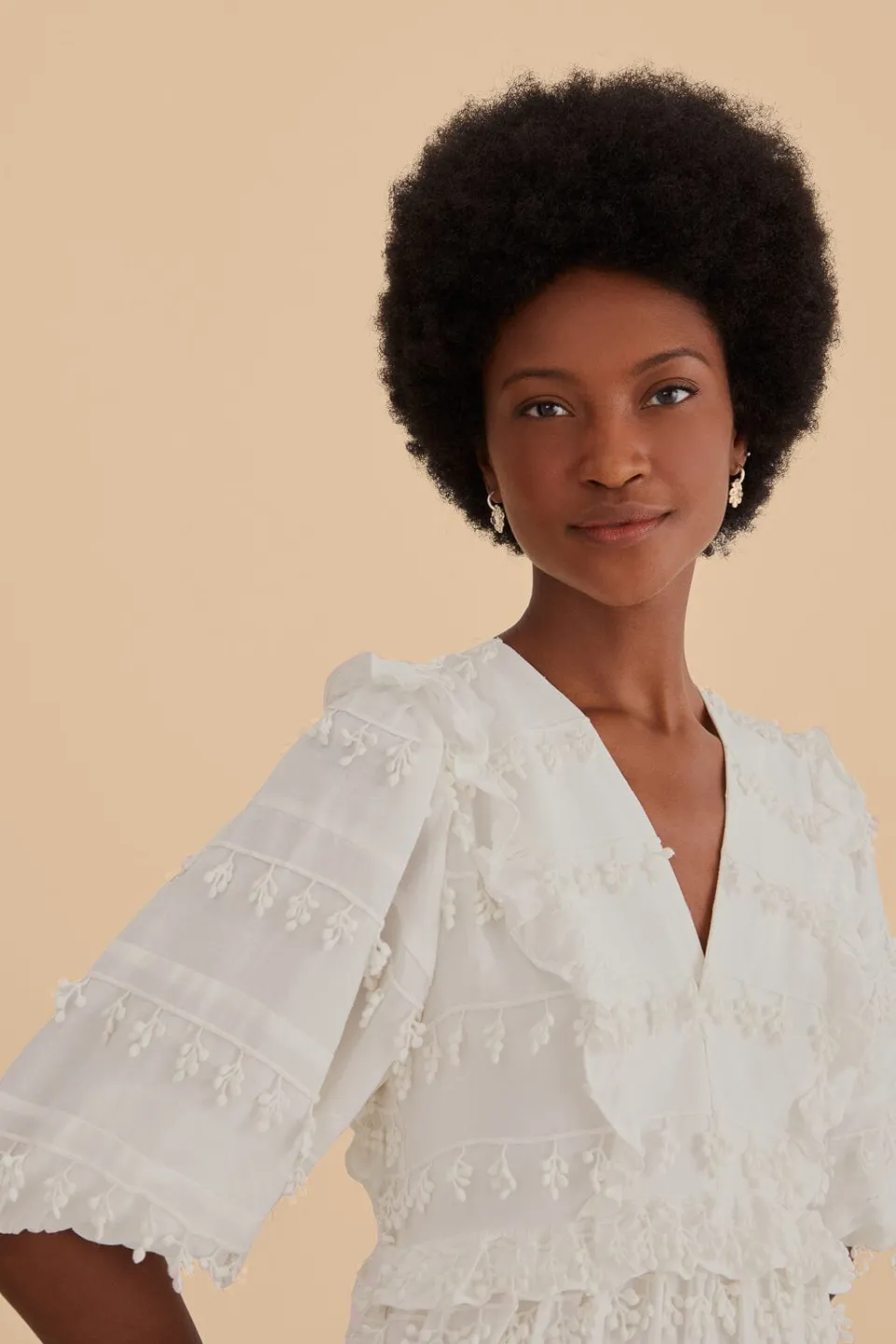 FARM Rio Robes Midi<Robe midi blanc cassé à pompons et volants