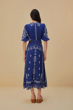 FARM Rio Robes Midi<Robe midi brodée à découpes bleu marine