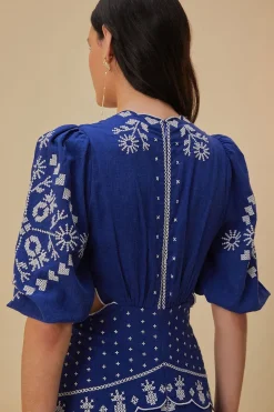 FARM Rio Robes Midi<Robe midi brodée à découpes bleu marine